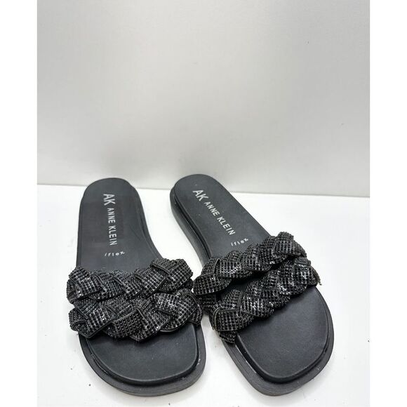 Anne Klein‎ Sandals Women 6 Black Journi Rhinestone Embellished Flat Slides - Picture 2 of 7